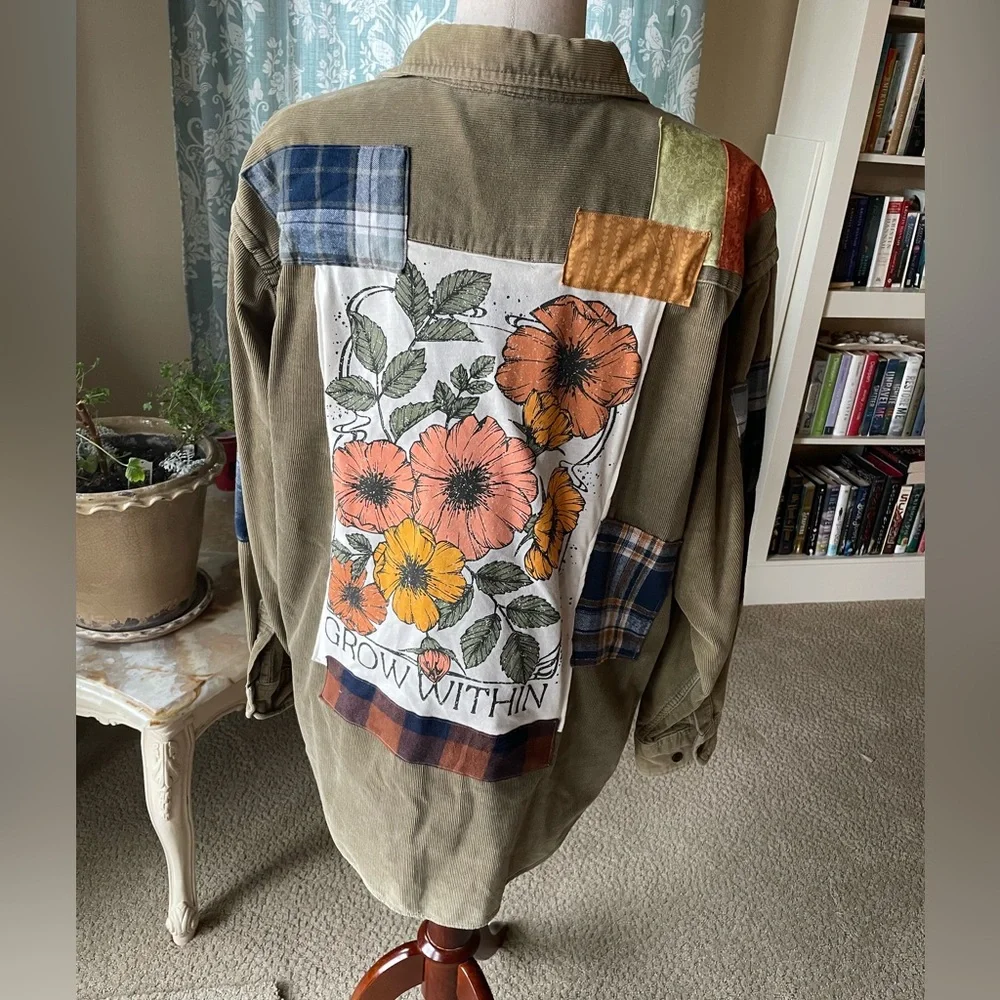 Boho retro upcycled plaid floral graphic patchwork corduroy Dockers button down - Picture 3 of 16